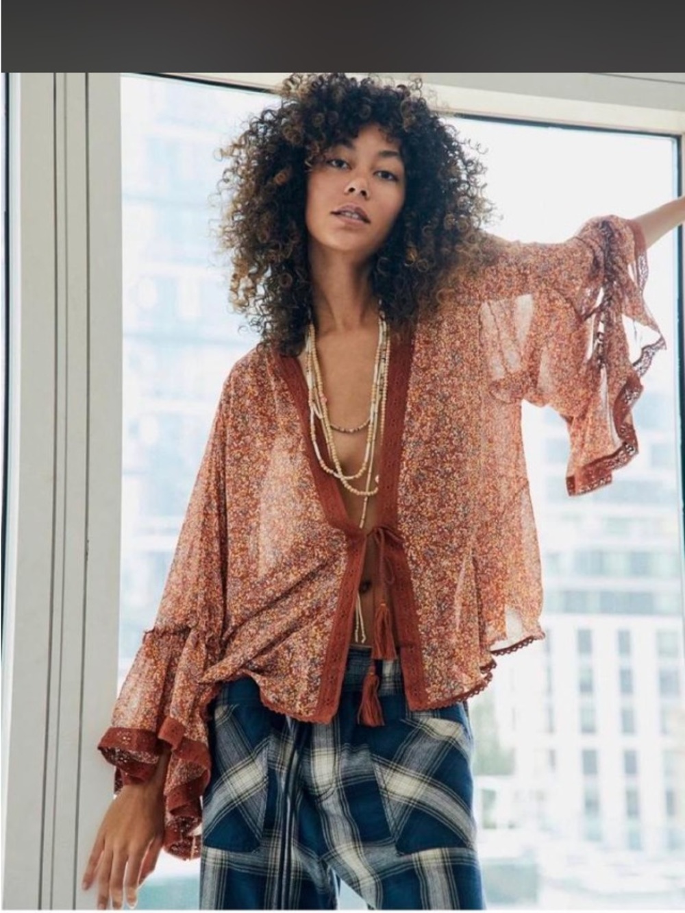 Free People Rust Floral Tie-Front Sheer Blouse